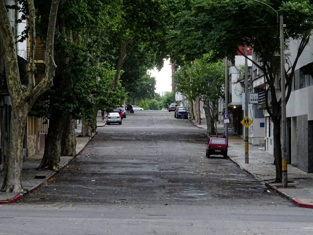 Calle empedrada de la Ciudad Vieja de Montevideo de noche bajo la lluvia, con un farol encendido